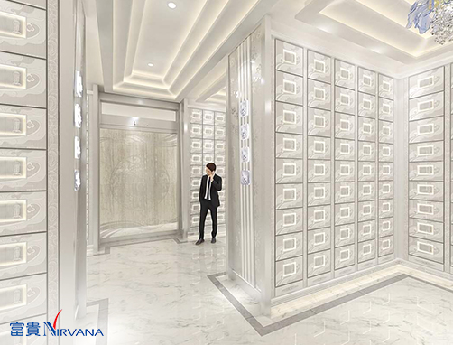 Newly built white aesthetic Buddhist columbarium at Nirvana